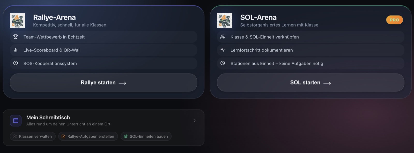 QRENA Moduswahl: Rallye-Arena und SOL-Arena nebeneinander, SOL als Pro-Funktion gekennzeichnet